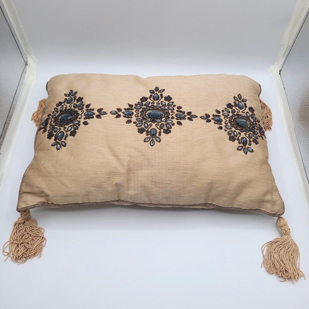 Borgata Beige and Black Beaded Medallion Fringe Tasseled 18x13 Throw Pillow
